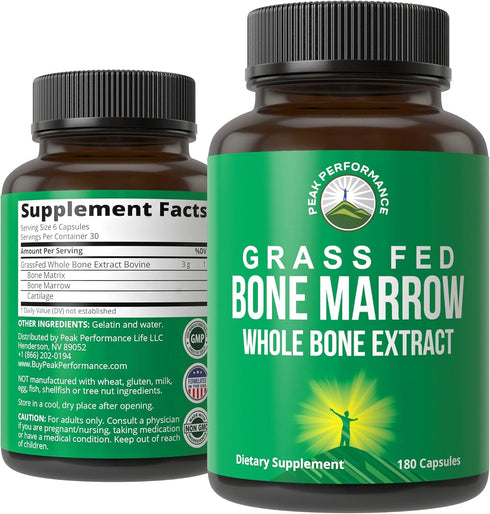 Peak Performance Grass Fed Bone Marrow - Whole Bone Extract Supplement, 180 Capsules Rich in Collagen & Amino Acids