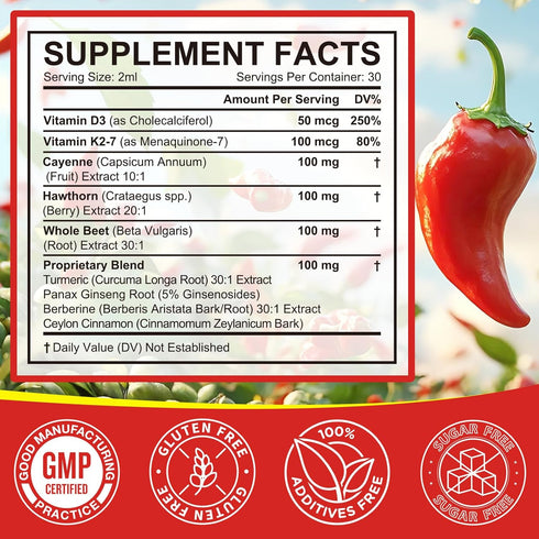 ISUNRISE D3 K2, 60ml Cayenne Pepper Drops Supplement Liquid with Hawthorn Berry, Vitamin Beet Root Powder, Ceylon