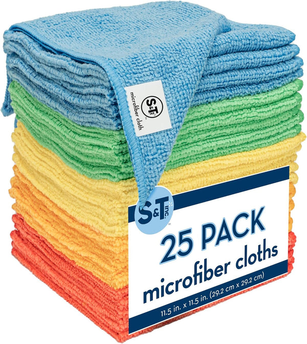 S&T INC. 25 Pack Microfiber Cleaning Cloth, Reusable Towels for Home, Cars, Cleaning Rags, Assorted, 11.5 x 11.5 Inches