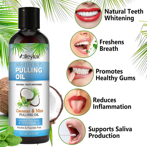 Coconut Oil Pulling Mouthwash, 237ml, Whitening Mint Flavor for Fresh Mouth, Teeth Whitening & Gum Health