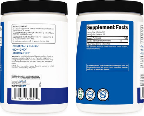 Nutricost Creatine Monohydrate Powder - Blue Raspberry, 500 Grams (1.1 LBS)