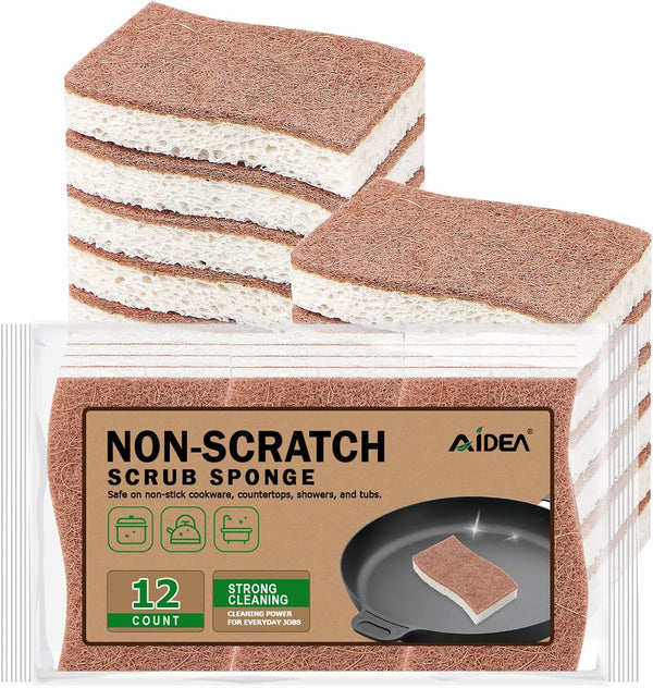 AIDEA Non-Scratch Scrub Sponge - 12 Count Natural Sponges for Kitchen, Bathroom, Household Cleaning