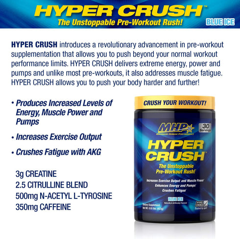 Maximum Human Performance MHP HYPER CRUSH Pre Workout | Energy Drink with Creatine, Beta Alanine | 30 Servings, Blue