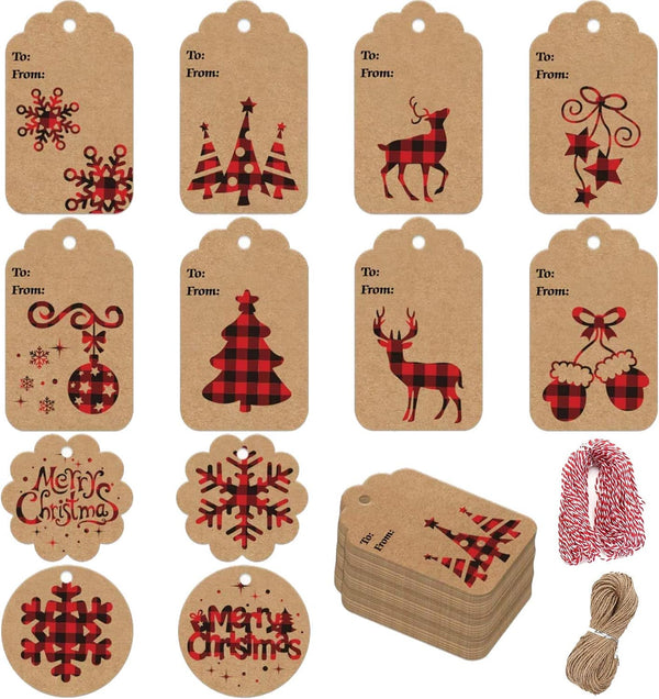 STEFORD Christmas Kraft Paper Gift Tags, 120 PCS Christmas Label Gift Tags with 230 Feet String