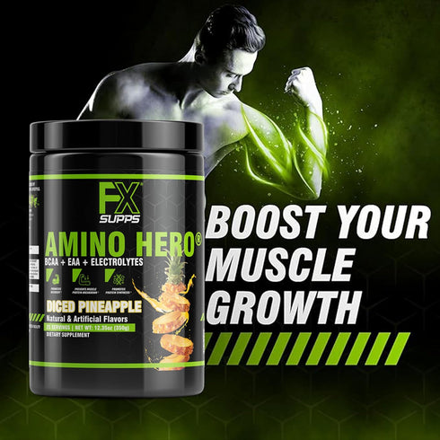 Amino Hero Diced Pineapple Flavor Post-Workout Recovery Drink, 25 Servings, Energy Powder Mix with BCAA, EAA