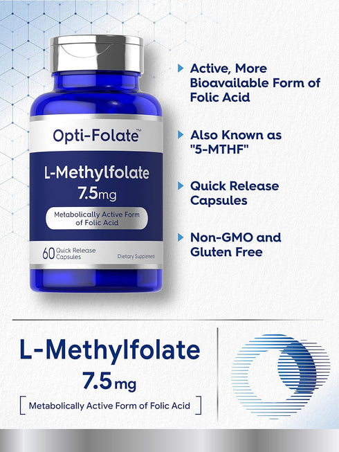 Carlyle L Methylfolate 7.5 mg - 60 Non-GMO Gluten Free Capsules, Optimized Methyl Folate, 5-MTHF by Opti-Folate