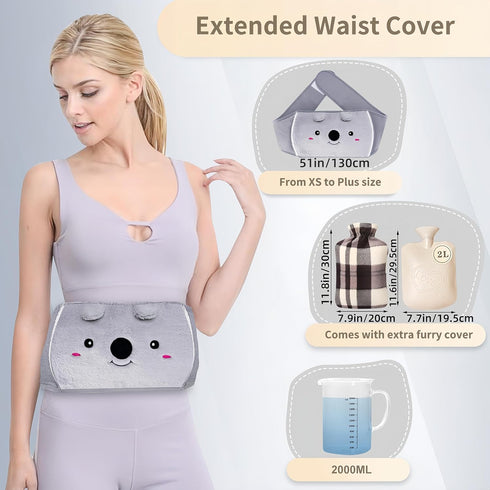 Toxin 2L 130cm Hot Water Bag, Hot Water Bottle wtih Cover, Rubber Warm Hot Water Bottles Pouch with Long Soft Waist