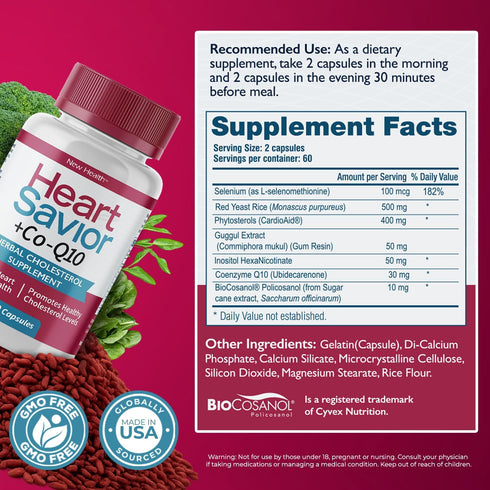 Mountain Health CoQ10, 7-Ingredient (120 HeartSavior Natural Cholesterol Support Supplement with Red Yeast Rice, Plant