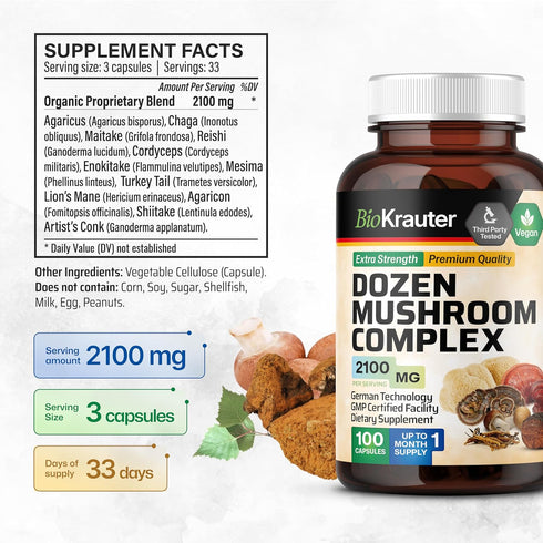 BIO KRAUTER Dozen Mushroom Complex Capsules, 2100 mg Blend, 100 Vegan Caps for Immune Support