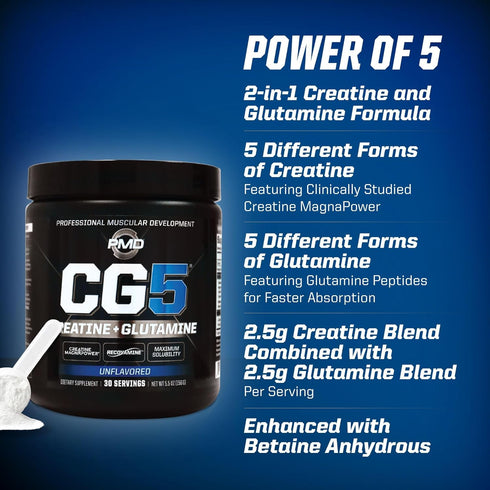 PMD Sports CG5 - Premium Creatine and L Glutamine Powder for Maximum Strength, Unflavored (30 Servings)