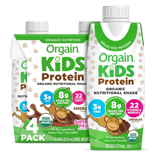 Orgain Organic Kids Nutritional Protein Shake, Chocolate, 8g Dairy Protein, 3g Fiber, 22 Vitamins & Minerals, 4 Pack