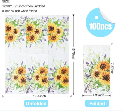 YOCHANDA 100 Pack Spring Sunflower Floral Guest Hand Towels Disposable for Bathroom, Sunflower Paper Napkins Decorative