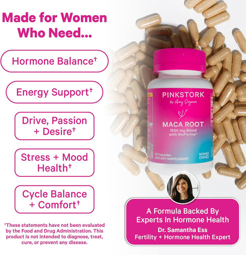 Pink Stork Maca Root Capsules for Women Organic Maca with BioPerine for Hormonal Balance, Energy + Wellness Supports
