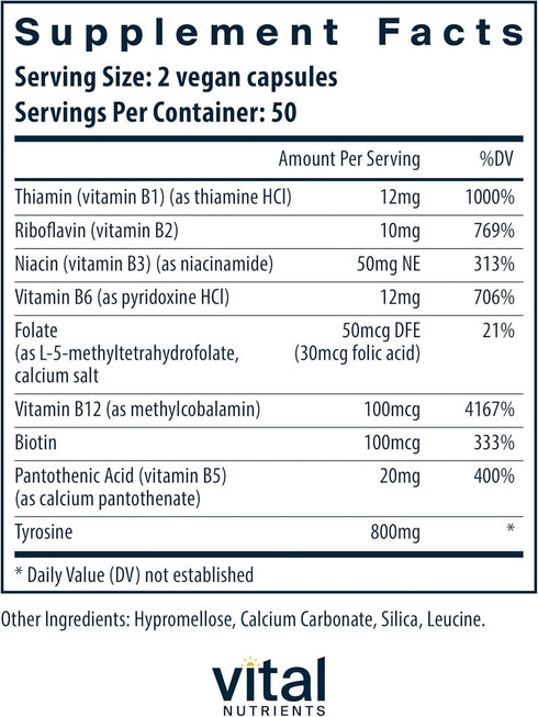 Vital Nutrients Tyrosine and B Vitamins, Thyroid, Immune, Nerve Support Formula, 100 Capsules