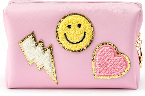 LieToi Pink Preppy Patch Small Toiletry Bag - Portable Waterproof Makeup Cosmetic Bag for Daily Use Travel Organizer