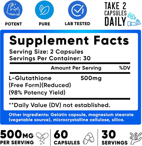 We Like Vitamins Glutathione 500mg Per Serving | Manufactured in USA | 60 Glutathione Capsules | Highly Bioavailable Reduced Glutathione Supplement | Organic L-Glutathione Supplement for Antioxidant