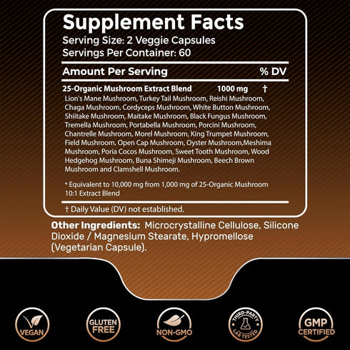 Organic Mushroom Supplement Capsules - 10000mg - 25 in 1 Mushroom Complex Capsules, Lion's Mane mushroom Capsules - Turkey Tail Mushroom Capsules, Cordyceps, Reishi - 120 Count