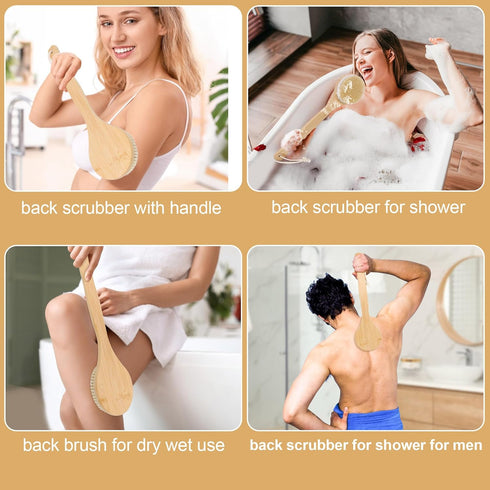 OWIIZI Back Scrubber Brush for Shower - Large Area Deep Cleanse Bath Brushes with Bamboo Long Handle