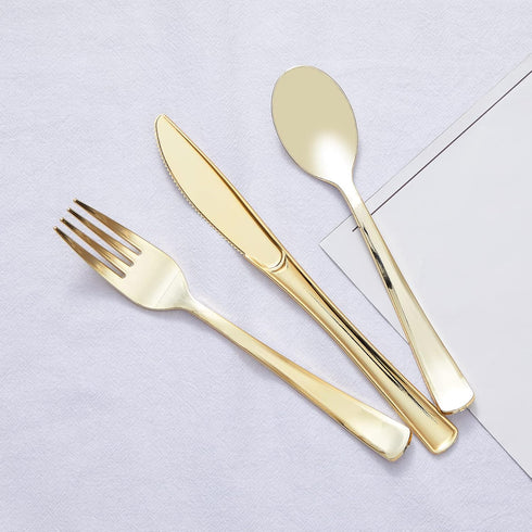 N9R 72 Pack Gold Plastic Knives, Durable Heavy Duty Utensils for Parties, Weddings, and Events