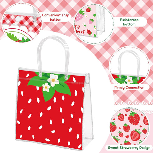 H1vojoxo Summer 24PCS 7.9x3.2x7.9 Inch Summer Fruit Gift Bags - Strawberry Clear PVC Gift Bags with Handle Fruit Theme