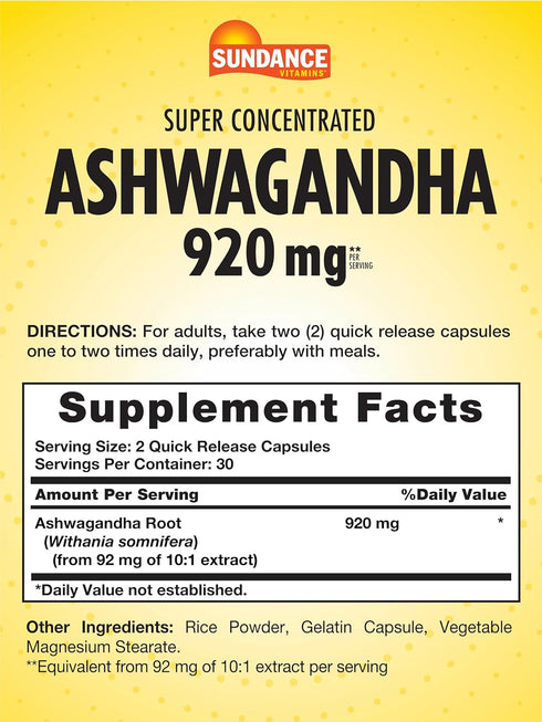 Sundance Ashwagandha Supplement 920mg | 60 Capsules | Super Concentrated | Traditional Ayurvedic Herb | Non-GMO, Gluten Free Supplement