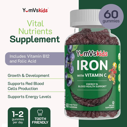 Iron Supplement for Kids - 5 mg Gummies with Vitamin C, Grape Flavor, Vegan, Kosher, Non-GMO - 60 Count