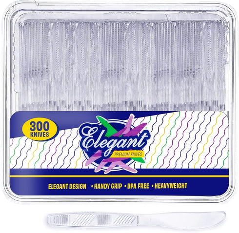 Stock Your Home Clear Plastic Knives, Heavyweight Plastic Knives (300 Pack), Disposable Plasticware Bulk, Clear Heavy