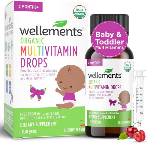 Wellements Organic Baby Multivitamin Drops, 1 Fl Oz Cherry Flavor Liquid for Infants & Toddlers