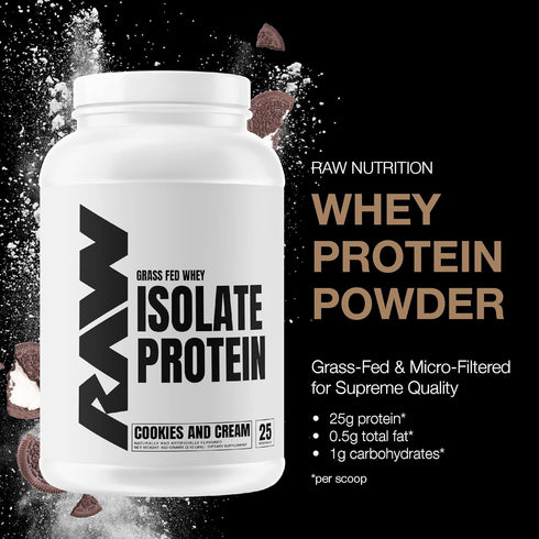 RAW Whey Isolate Protein Powder - Cookies N Cream, 100% Grass-Fed Sports Nutrition Protein Powder for Muscle Growth &