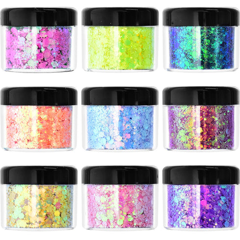 Wenida Body Glitter 9 Colors 190g Holographic Iridescent Cosmetic Festival Makeup Chunky Powder for Nail Hair Eye Face