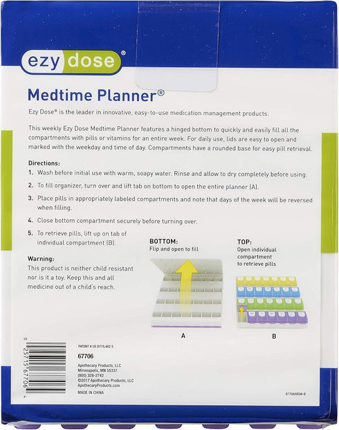 EZY DOSE Weekly (7-Day) Pill Case - Multi-Colored Medicine Planner, Large Compartments, BPA Free