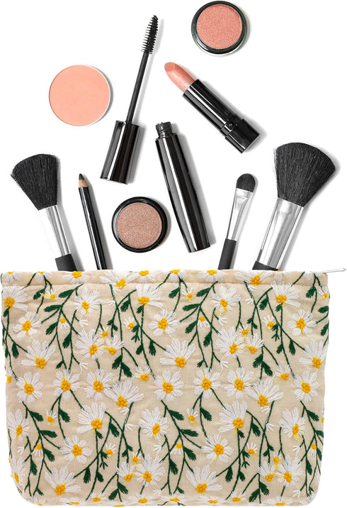 PAZIMIIK Makeup Bags for Purse - Large Zipper Cosmetic Pouch, Travel Canvas Organizer Tool for Women and Girls (Daisy