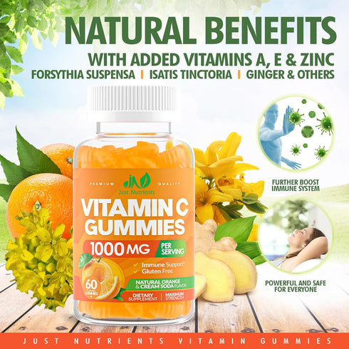 Vitamin C 1000mg Gummies for Adults & Kids - Immune & Collagen Support with Zinc, 60 Gummies