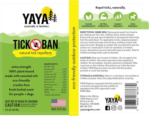 TICK BAN Yaya Organics All Natural Extra Strength Tick Repellent, Deet Free, 8 Ounce Spray Bottle