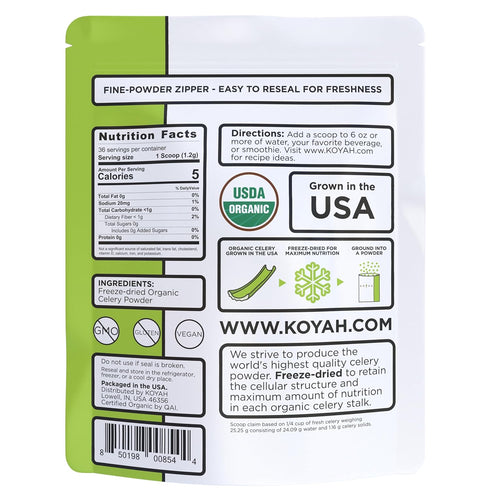KOYAH Organic USA Grown Celery Powder, 36 Servings, Freeze-dried Whole-Stalk Powder
