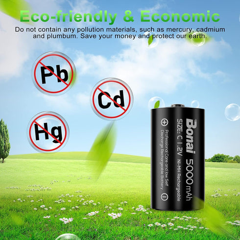 BONAI Rechargeable C Batteries, 5000mAh 1.2V Ni-MH High Capacity C Size Battery (4 Pack)