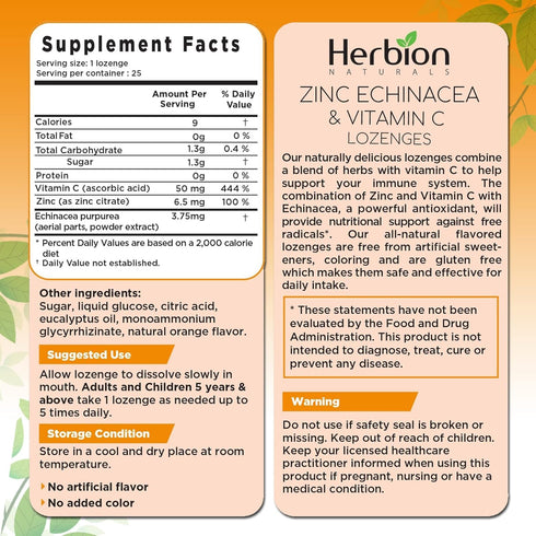 Herbion Naturals Zinc, Echinacea & Vitamin C Lozenges with Natural Orange Flavor - 25 CT – Dietary Supplement – Supports Immune System – Promotes Overall Good Health for Adults and Children 5+