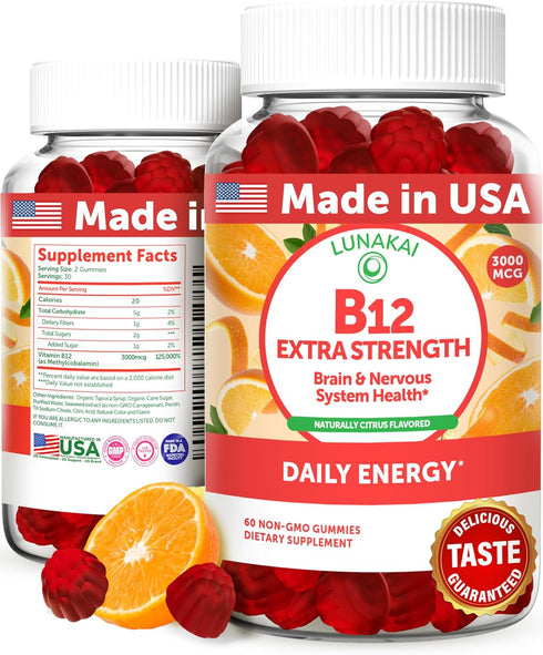 Lunakai Extra Strength 3000mcg Vitamin B12 Gummies | US Made | Vegan B12 Methylcobalamin Supplement | 60ct for Daily