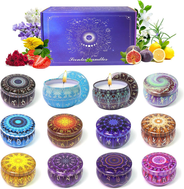 HOFOGOTOWIN Zodiac Scented Candles Gifts Set, 12 Pack Soy Wax Travel Aromatherapy Candles