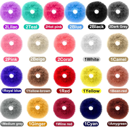 WILLBOND 30 Pieces Fuzzy Scrunchies Bulk - Pompom Ball Elastic Hair Ties for Women, 21 Colors