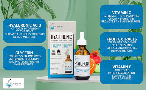 Hyaluronic Acid Serum Facial Booster for Face - Anti Aging Skin Care Hydro-Boost Moisturizer with Vitamin C & E, 1.75
