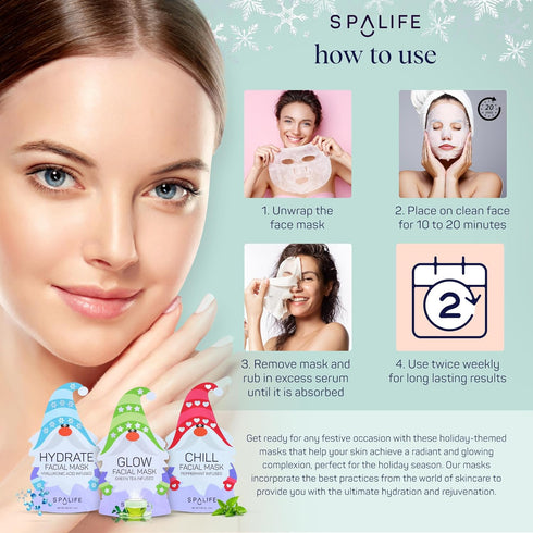 SpaLife 9-Pack Facial Masks for Skin Rejuvenation, Hydration, and Moisturizing - Beauty Face Mask Set for Women
