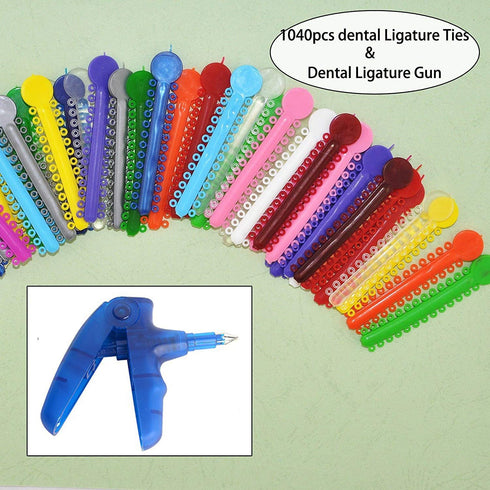 Orthodontic Ligature Ties Kit, 1040 Multi-Color Rubber Bands with Ligature Gun for Braces, Complete Tool Set
