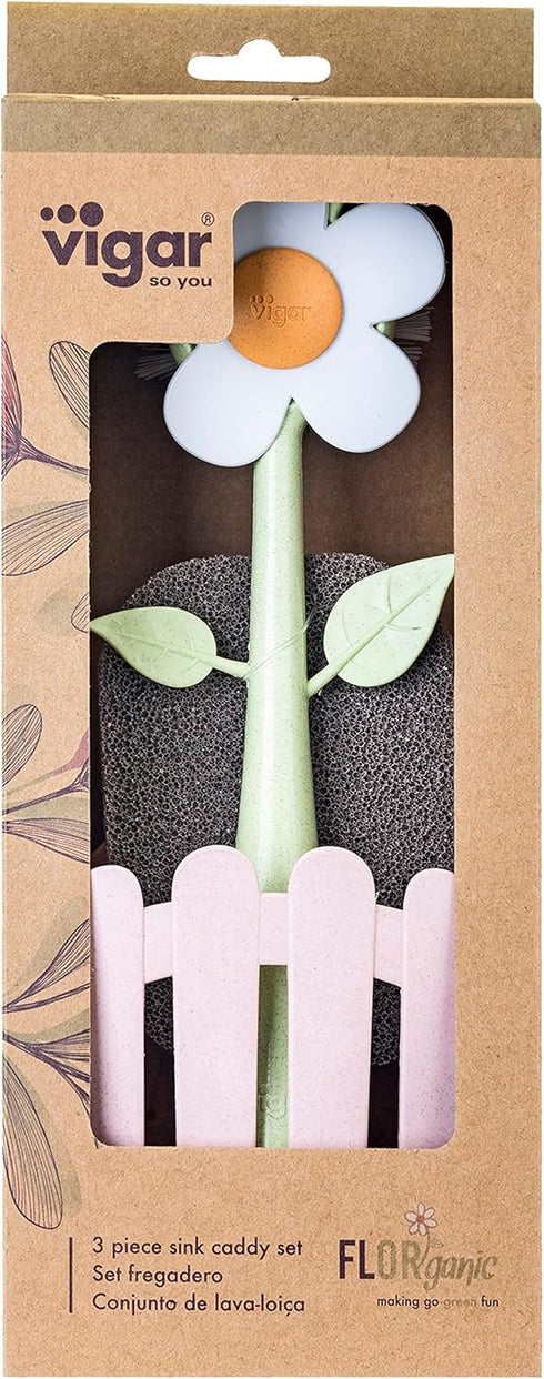 Vigar Florganic 3-Piece Sink Caddy Set, Eco-Friendly Daisy-Shaped Dish Brush, Sponge & Holder with Suction Cup (Pink)