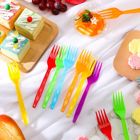 Tioncy 360 Pcs Rainbow Disposable Plastic Forks, Colorful Neon Cutlery for Picnics, Parties, Outdoor Events