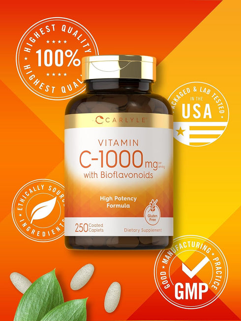 Carlyle Vitamin C, 1000mg with Bioflavonoids, 250 Caplets, with Rose HIPS, Vegetarian, Non-GMO, Gluten Free
