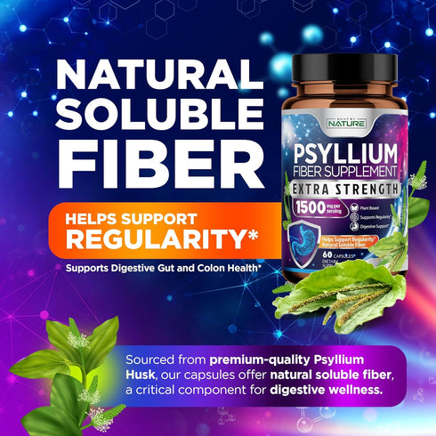 Psyllium Husk Capsules 1500mg | Natural Soluble Fiber Supplement for Digestive Health, 60 Capsules, Non-GMO, Gluten-Free