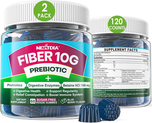 Fiber Gummies 10g Prebiotic Fiber Supplement, Sugar Free, Probiotics & 100mg Betaine for Digestive Health, 120ct