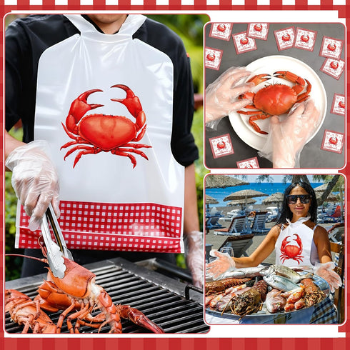 Set Chicingyou Crab Lobster Bibs and Plastic Disposable Gloves Disposable Adult Feast Bibs Gloves Supplies