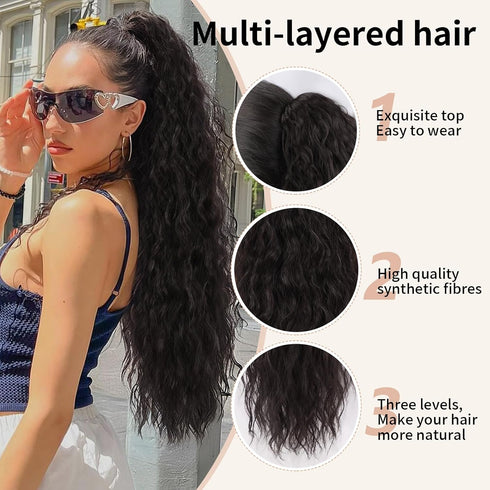 ORSUNCER Long Wavy Ponytail Extension, Black Brown 30" Curly Clip in Hair Extensions for Women
